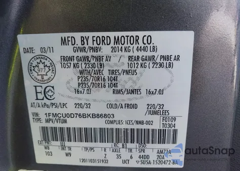 2011 Ford Escape Xlt Automatic from USA, damaged, VIN 1FMCU0D76BKB86803